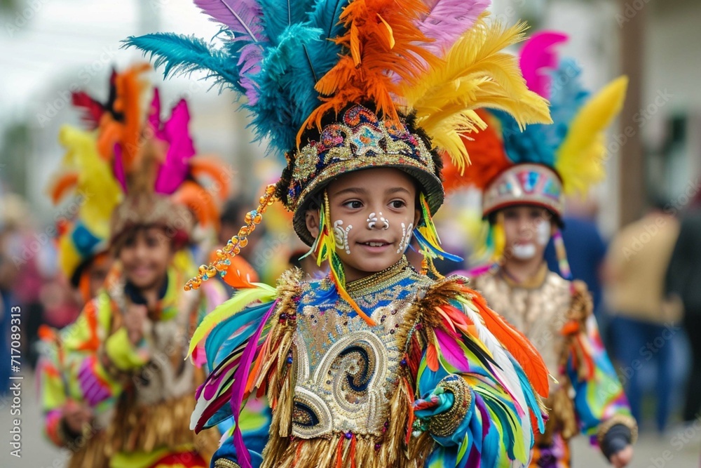 groupe d'enfant qui parade dans la rue pour Mardi-gras