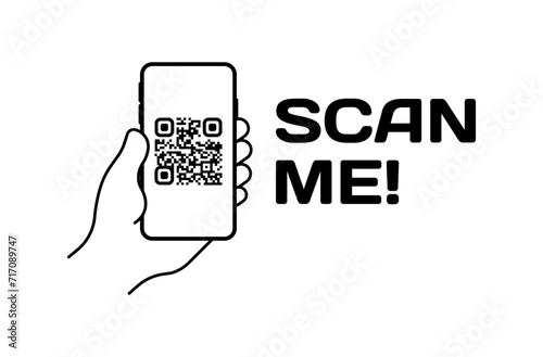 Scan me sign icon. Qr code on the phone screen. Linear style. Vector icon