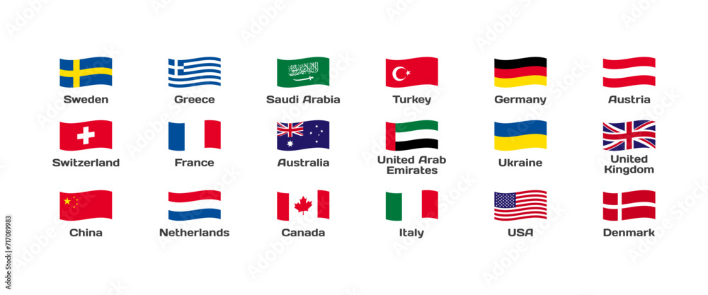 National flags icon set. Collection of national flags of popular countries. Flat style. Vector icons - obrazy, fototapety, plakaty 