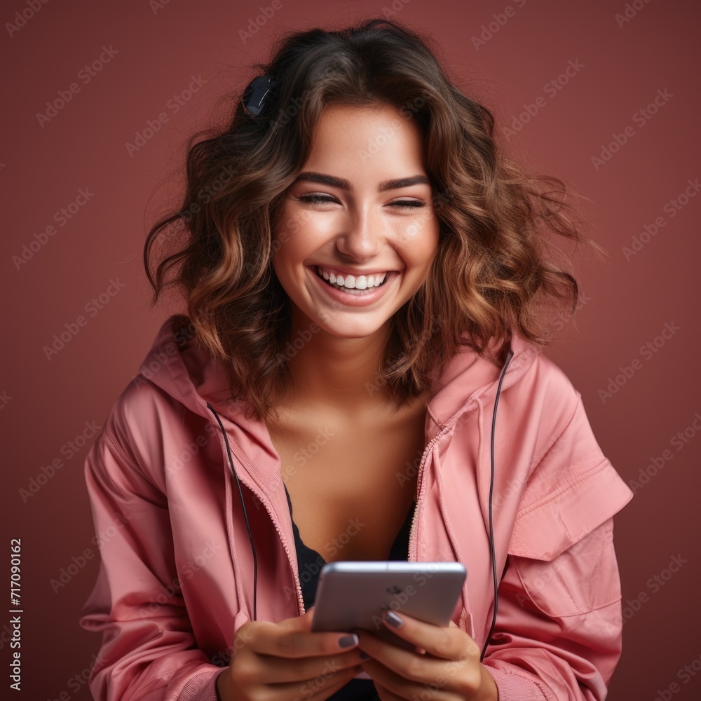 A photo of woman using headphone smiling on pink background Generative AI A photo of woman using headphone smiling on pink background Generative AI
