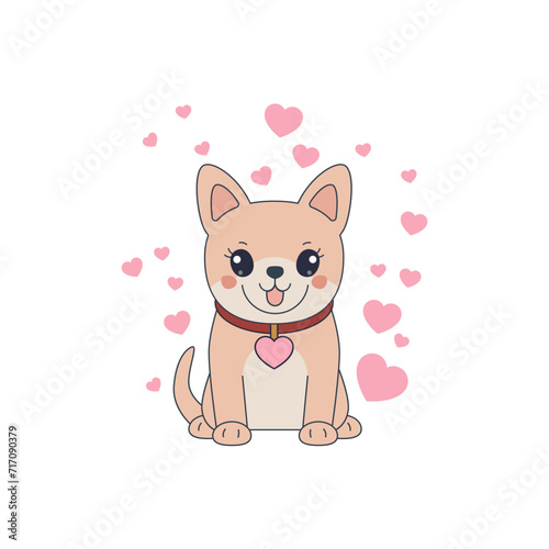 Funny orange welsh corgi and hearts vector illustration. Cool dog welsh corgi. Cartoon dog