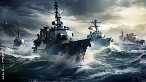 Wide banner. missiles launched from warboats destroyers for special navy mission concepts