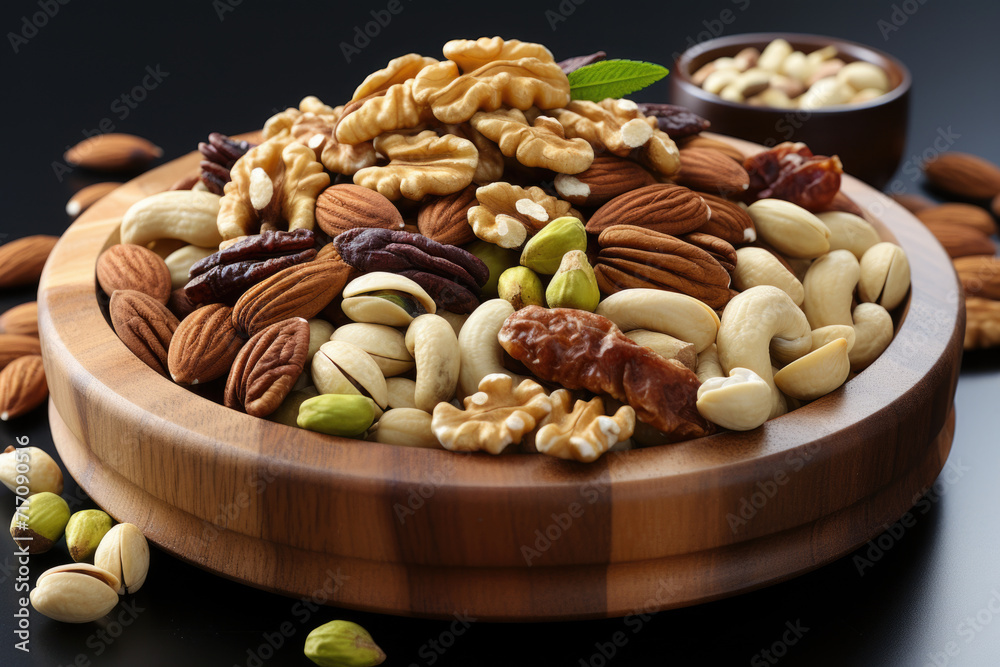 A picture of Mix of nuts in bowl healthy foods with leaves Generative AI A picture of Mix of nuts in bowl healthy foods with leaves Generative AI
