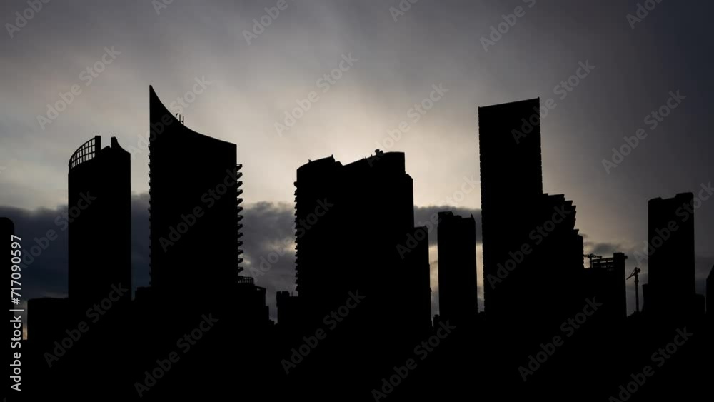 Saint George Bay or Zaitunay Bay in Beirut, Time Lapse at Sunrise with Fast Clouds and Dark Silhouette of Modern City in Lebanon Saint George Bay or Zaitunay Bay in Beirut, Time Lapse at Sunrise with Fast Clouds and Dark Silhouette of Modern City in Lebanon
