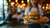Waitress carrying a hamburger with French fries in fast food restaurant