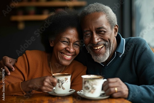 Happy senior african american couple embracing and drinking coffee at home
