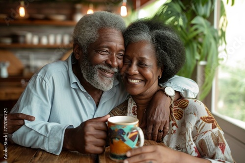 Happy senior african american couple embracing and drinking coffee at home photo