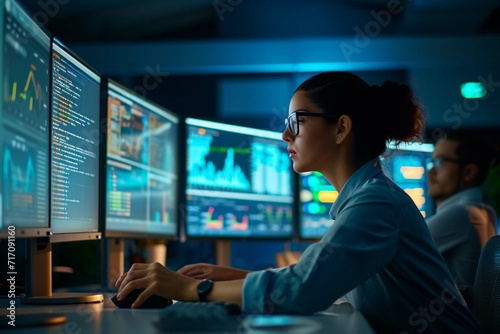 Hispanic Female Senior Data Scientist Reviewing Reports Of Risk Management Department On Big Digital Screen In Monitoring Room. Diverse Consulting Company Employees Working Behind Desktop Computers.