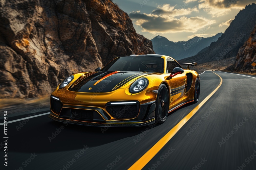 Fototapeta premium Image of Yellow sport car with black auto tuning on the road Generative AI