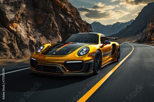 Image of Yellow sport car with black auto tuning on the road Generative AI © Saim Art