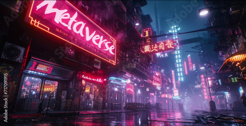 Foto Dark cyberpunk neon city in rain, store sign Metaverse in futuristic town at night, wet modern street with red, purple and blue light