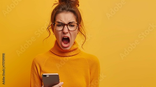 Irritated woman arguing phone workplace closeup. Furious lady disputing mobile photo