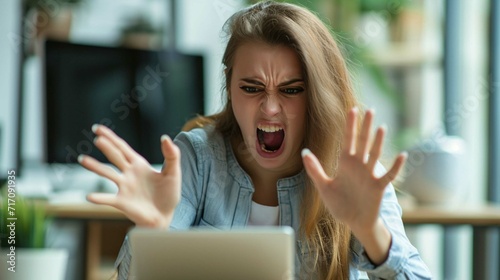 Irritated woman arguing phone workplace closeup. Furious lady disputing mobile photo