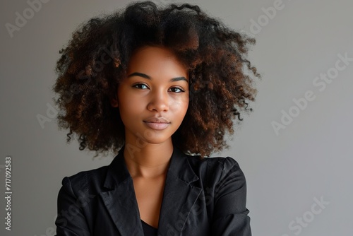 Close up attractive young black woman. Photo of young curly girl. Studio shot of a young businesswoman against a gray background. Portrait of young woman looking to camera with arms crossed