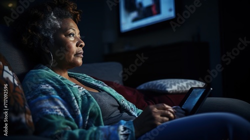 A black woman alone, sitting on a couch while watching tv at night. Solitude, worried, pop corn.