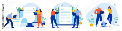 Business documents and contracts collection - Set of vector illustration with people reading and writing long text files together as a team. Flat design with white background