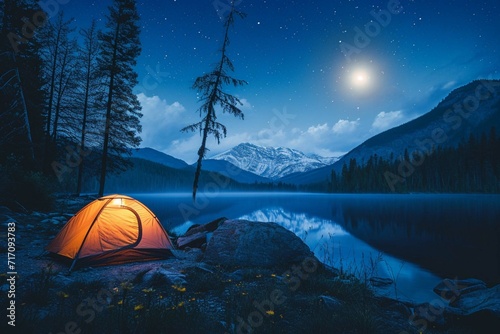 Moonlit Majesty: Camping by the River in Mountain Landscape, Ai generated