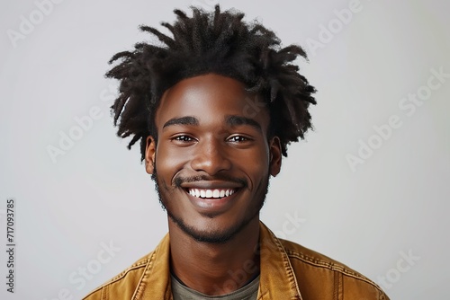 Friendly looking positive Afro American stylish man with funky hair and bristle smiling broadly during nice conversation with good old friend, standing isolated at grey studio wall. Horizontal photo