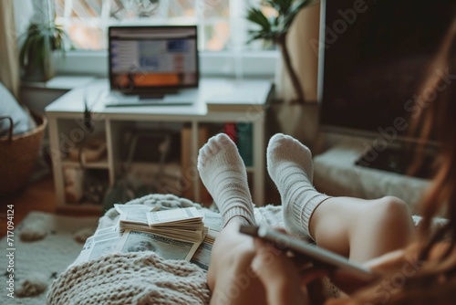 Non-binary person wearing socks by friend analyzing bills at home