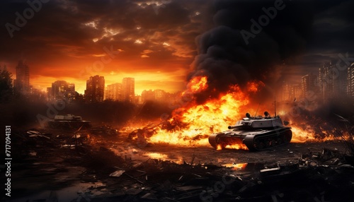 Armored tank crosses mine field in epic war invasion scene with fire and destruction in city