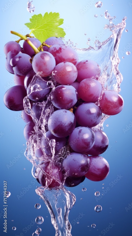 Purple grapes in a splash of water and grape juice on a white purple background