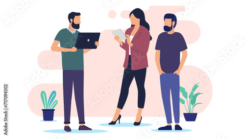 Office people working together - Group of three business characters with computer and device talking and discussing as a team. Flat design vector illustration with white background