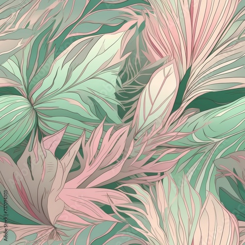 Abstract Botanical Artwork with Pastel Pink and Teal Foliage: A Modern Tropical Leaf Design