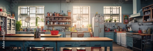 Empty school or university kitchen with large windows and cooking utensils, banner photo