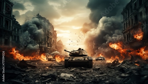 Armored tank crossing minefield  epic war invasion with fire and destruction  banner with copyspace