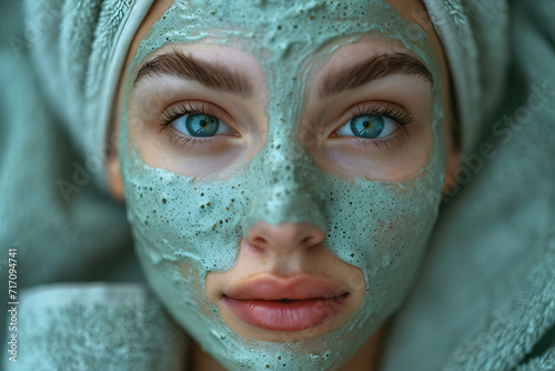 Facial Mud Mask Treatment, Spa Skincare Routine, Close-up of Woman with Natural Facial, woman with facial mask