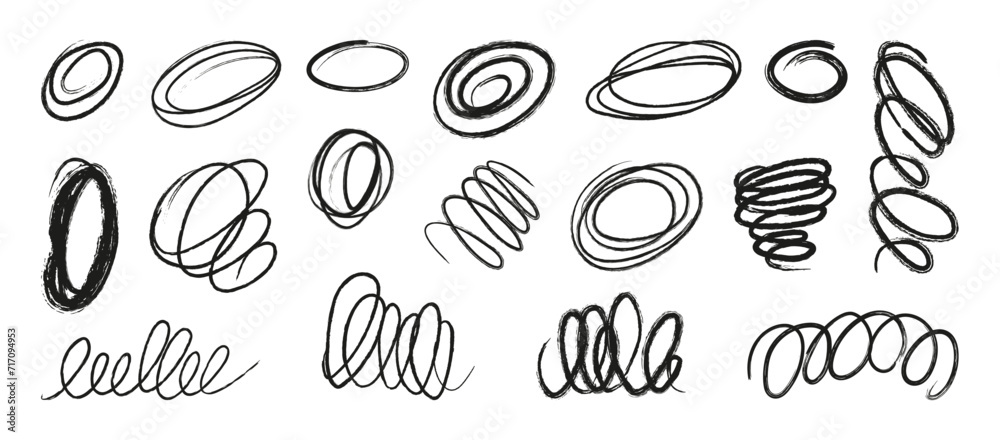 Black crayon curly lines and squiggles. Abstract scribble brush strokes vector set. Hand drawn pencil daub scratches isolated on white background.