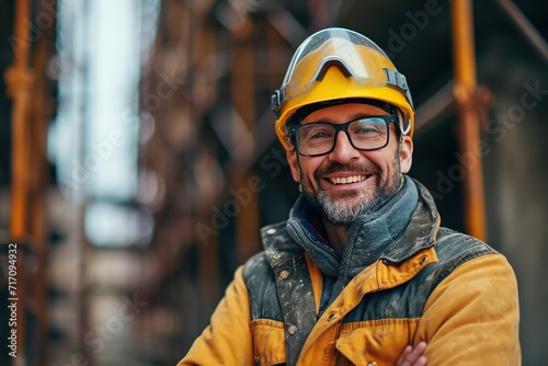 Portrait of a happy construction worker at a building site. Front view of smiling architect in helmet. Confident architect standing at construction site. Overseeing the building process