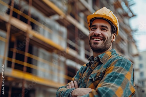 Portrait of a happy construction worker at a building site. Front view of smiling architect in helmet. Confident architect standing at construction site. Overseeing the building process