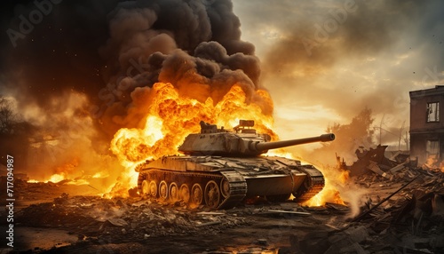 Armored tank crossing mine field in war invasion epic scene with fire in destroyed city
