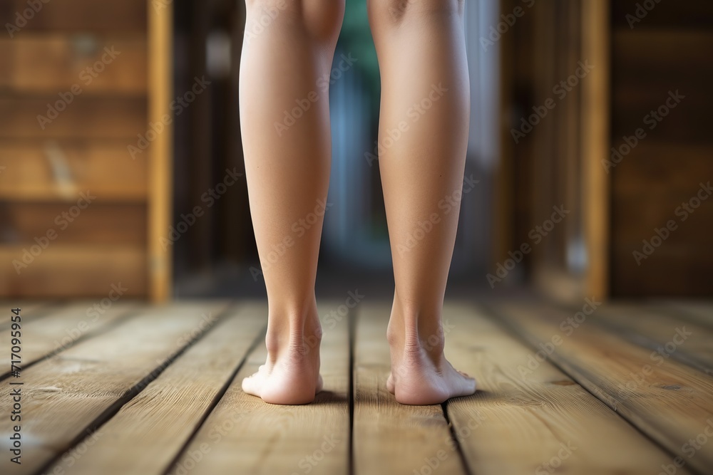 Close-up of legs of a young woman standing on wooden floor, Ai Generated Close-up of legs of a young woman standing on wooden floor, Ai Generated