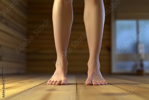 Female legs on wooden floor in sauna, Ai Generated