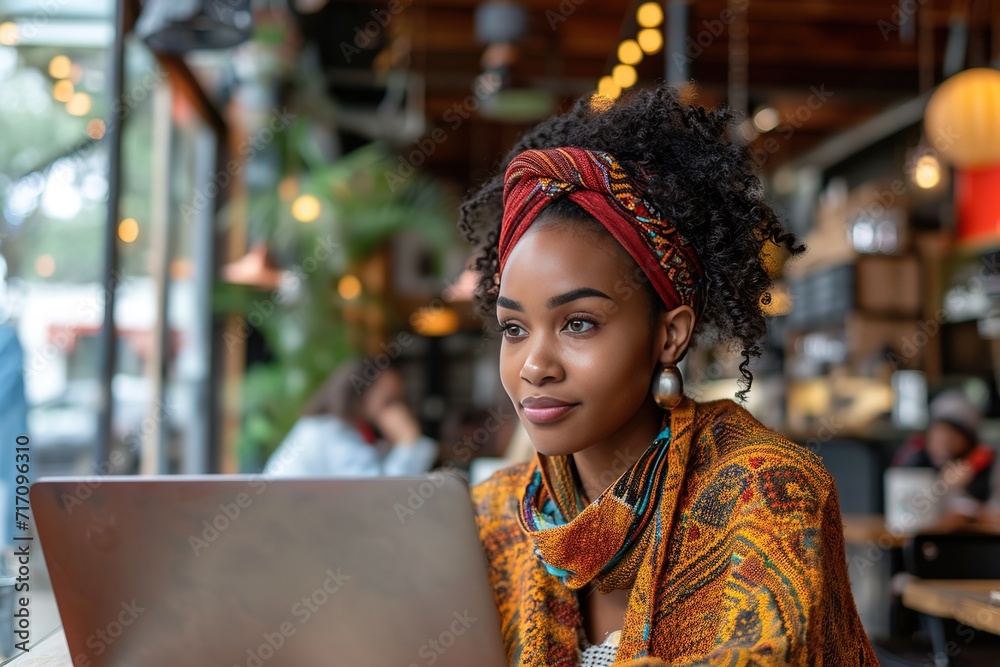 Young black woman working with laptop while sitting at cafe