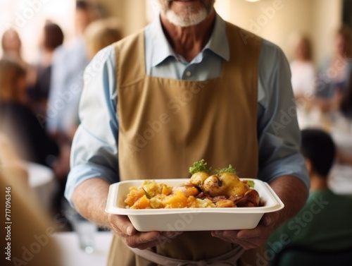Unrecognizable volunteer holding a plate of baked potatoes and vegetables