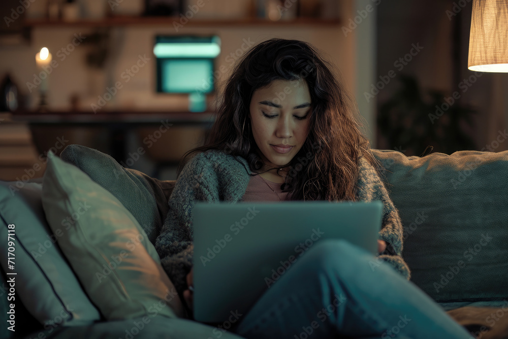 Portrait of a Beautiful Authentic Latina Female in a Stylish Cozy Living Room Using Laptop Computer at Home. She's Browsing the Internet and Checking Videos on Social Networks and Having Fun. Portrait of a Beautiful Authentic Latina Female in a Stylish Cozy Living Room Using Laptop Computer at Home. She's Browsing the Internet and Checking Videos on Social Networks and Having Fun.