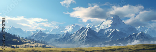 Panorama of snow-capped mountains in the clouds on a sunny day, Ai Generated