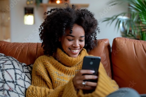 Profile portrait of pretty positive person chatting video call smart phone show bright interior flat indoors