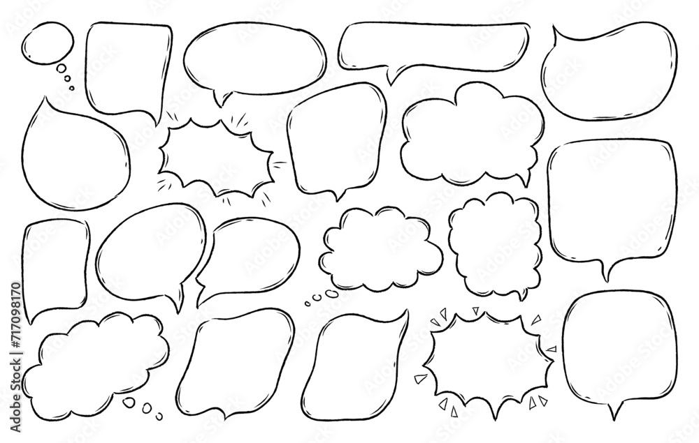 Set black outline speech bubbles isolated on white background. Hand drawn various doodle talk balloons with grunge crayon texture. Empty thought and text clouds. Chat communication sign. Flat vector Set black outline speech bubbles isolated on white background. Hand drawn various doodle talk balloons with grunge crayon texture. Empty thought and text clouds. Chat communication sign. Flat vector