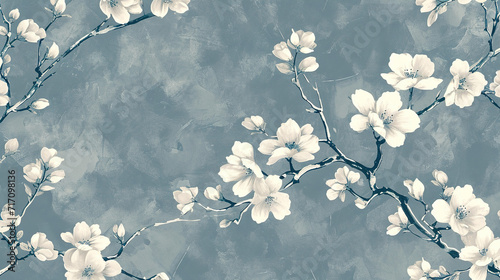 Blue and white Vintage Chinoiserie  floral seamless pattern. Spring flowers. Wallpaper for interior 