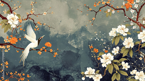 Vintage Chinoiserie  floral seamless pattern with a bird. Fresco, Wallpaper for interior printing.