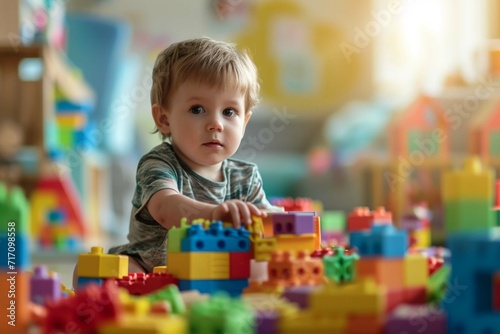 Small child in the playroom. little happy and cheerful boy plays with colorful constructor cubes. Pre-school development and education