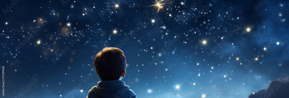 little boy under the starry sky - obrazy, fototapety, plakaty 