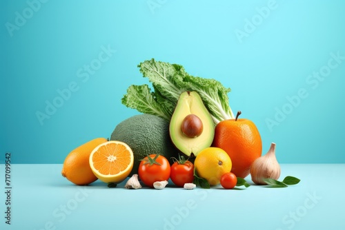 Healthy fruits and leaf vegetable in bowl on wood table and blue background.Organic Natural Concept. Generative AI