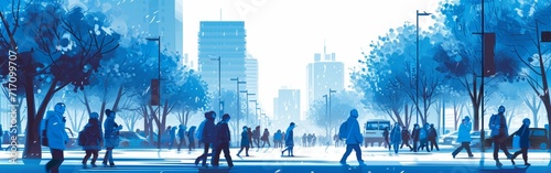 blue illustration city with blue trees and blue people Generative AI
