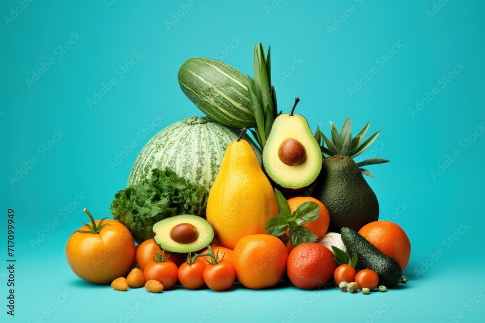 Fruits and vegetables on blue background with copy space. Organic Natural Healthy food concept. Generative AI Fruits and vegetables on blue background with copy space. Organic Natural Healthy food concept. Generative AI