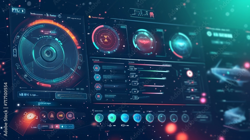 Futuristic HUD interface on dark background. A sleek user interface design for a mobile space game, featuring futuristic buttons, progress bars, and spaceship icons.